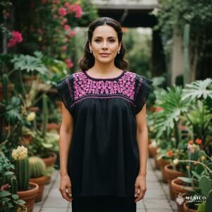 Mexican Embroidered Blouse – Handmade Floral  Design 23 X 30 IN Size LG